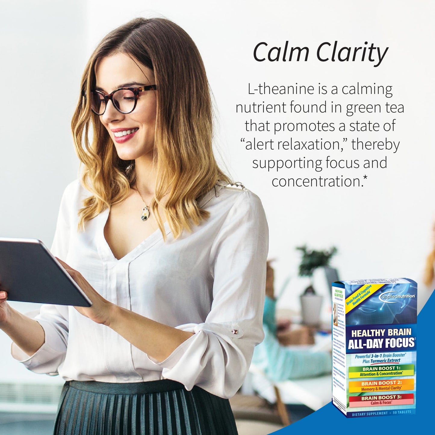 Applied Nutrition Healthy Brain All-Day Focus - 50 Tablets - 3-in-1 Brain Booster with Turmeric