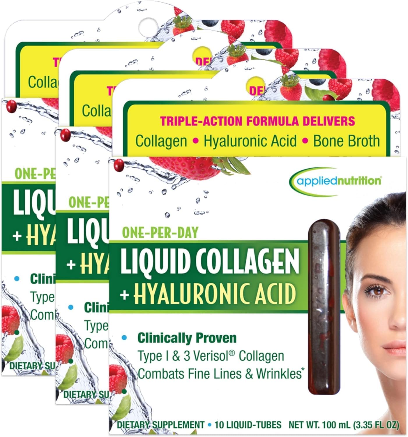 Applied Nutrition Liquid Collagen + Hyaluronic Acid – Skin & Nail Restoration (30 Servings, Pack of 3, Mixed Berry)