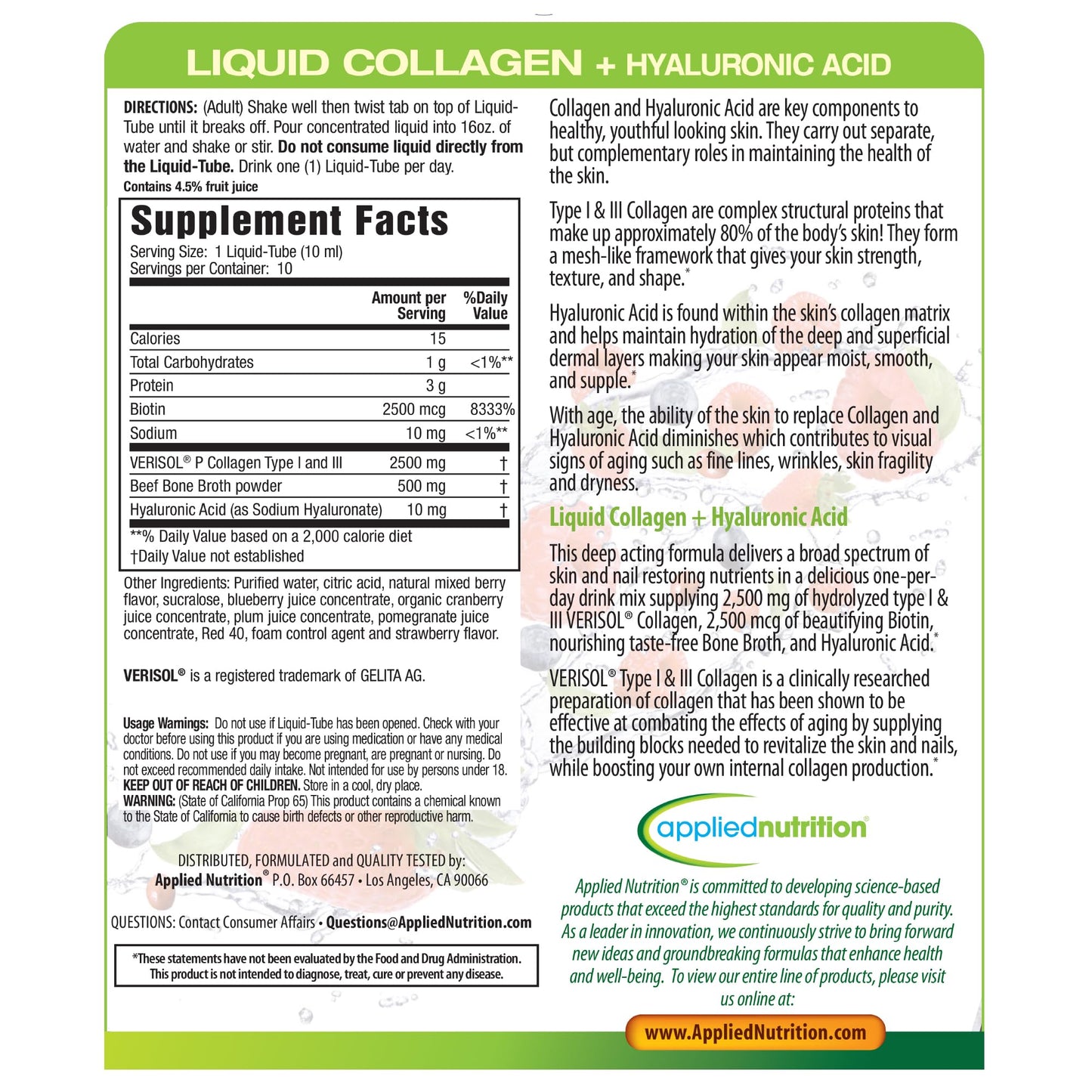 Applied Nutrition Liquid Collagen + Hyaluronic Acid – Skin & Nail Restoration (30 Servings, Pack of 3, Mixed Berry)