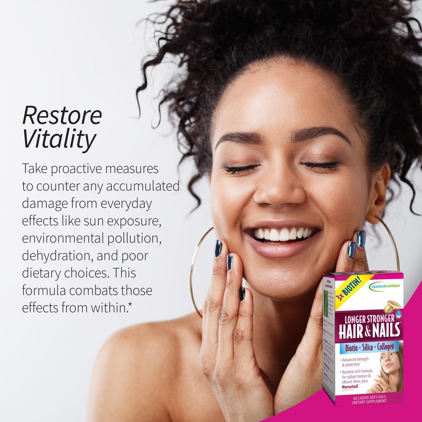 Applied Nutrition Longer Stronger Hair & Nails – 60 Liquid Soft-Gels per Bottle, Pack of 4, 120 Servings
