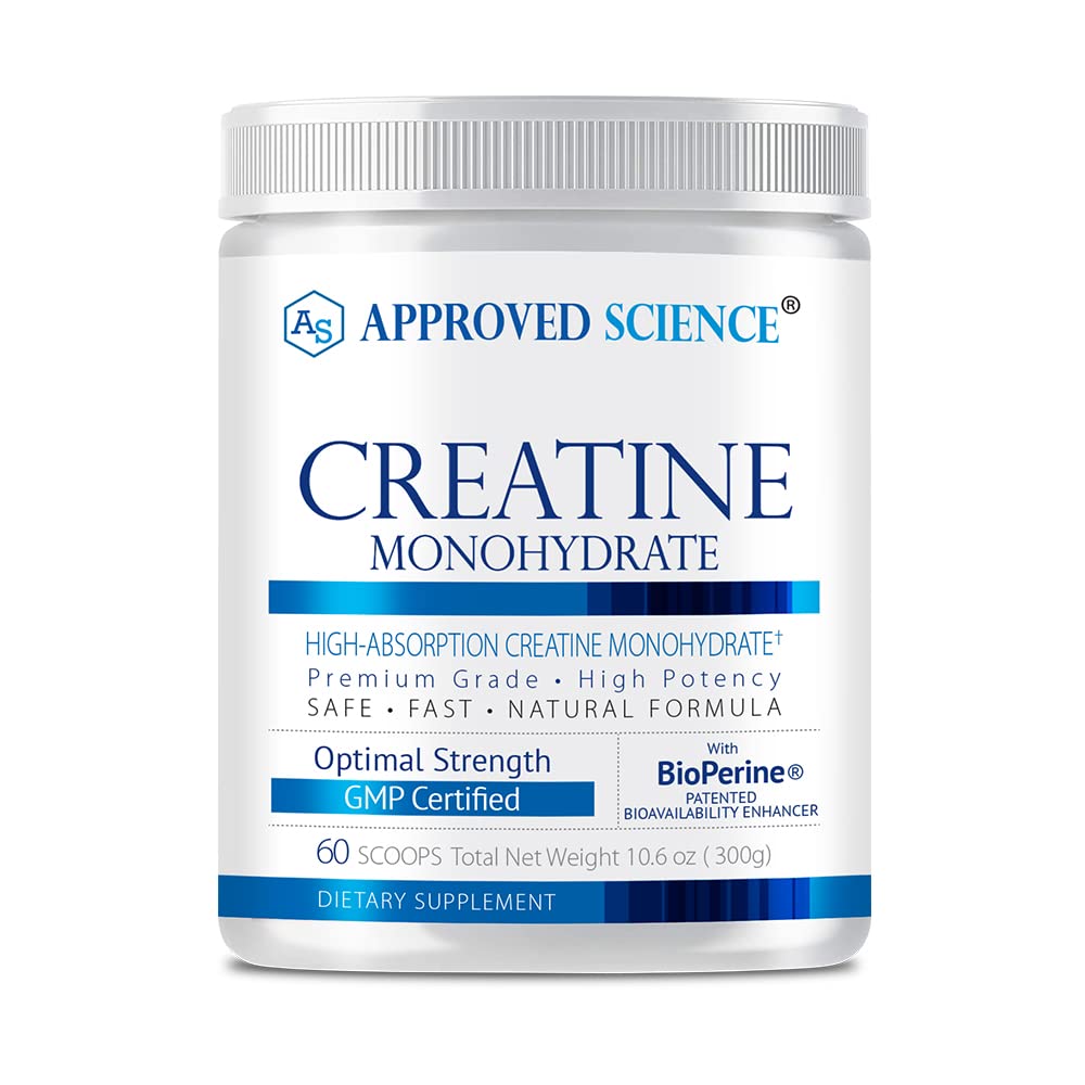 Approved Science Creatine Monohydrate Powder with BioPerine — 60 Servings, 5g/Serving, Unflavored, Non-GMO, Vegan