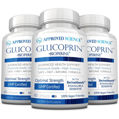 Approved Science Glucoprin – 250 mg Berberine, Mulberry, Cinnamon, BioPerine – Non-GMO, Made in USA – 3-Pack, 60 Vegan Capsules per Bottle