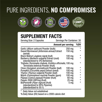 Approved Science Parastrin – 60 Vegan Capsules with Black Walnut, Garlic, Papain 2000 & BioPerine