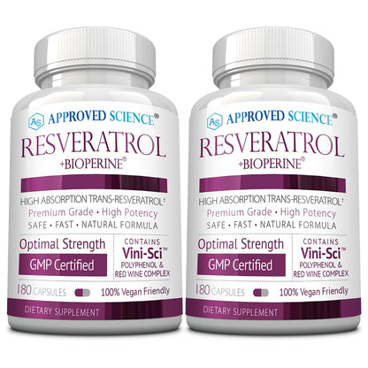 Approved Science Resveratrol - 1000 mg Trans-Resveratrol + Bioperine - 380 Vegan Capsules (2 Bottles)