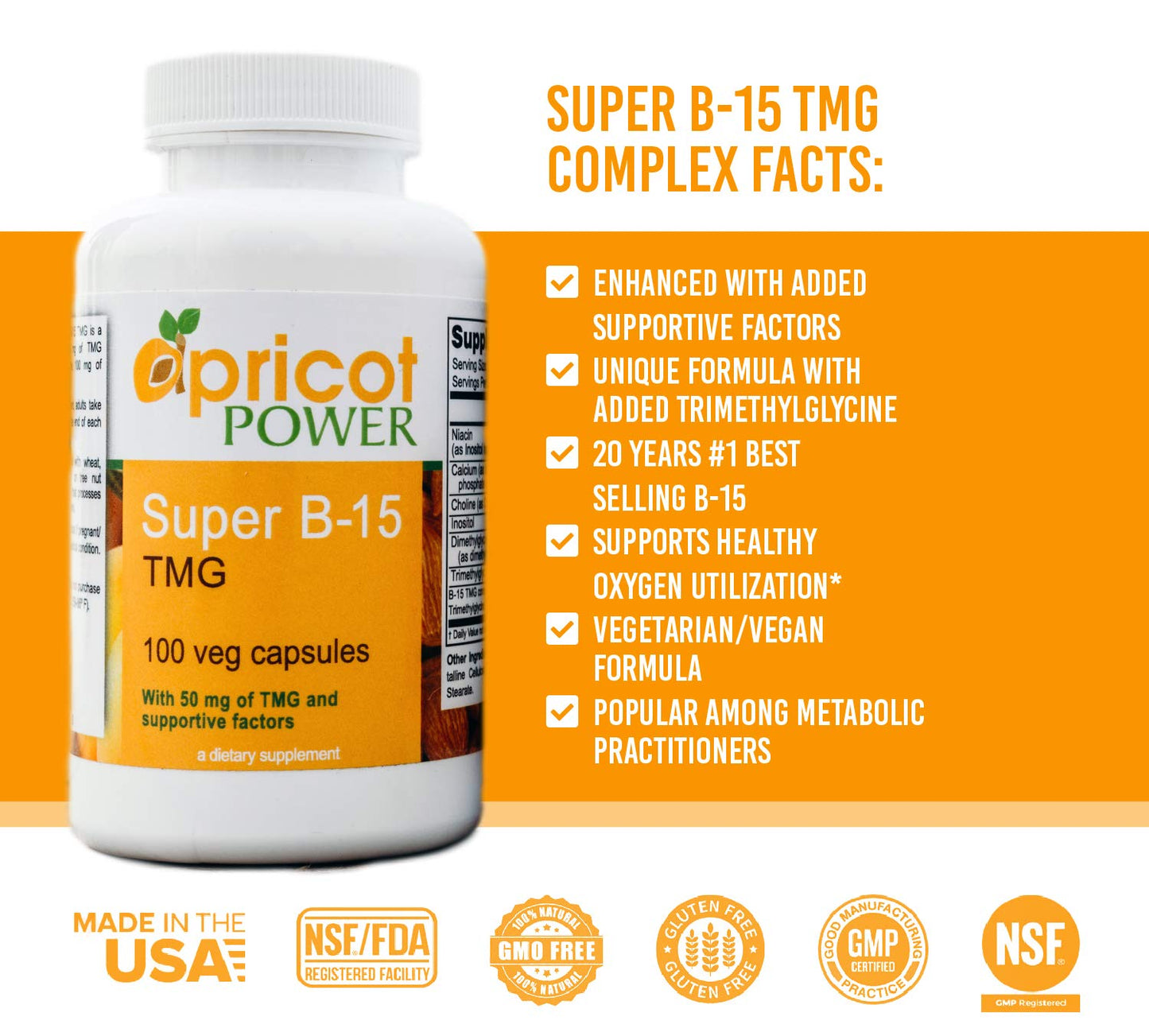 Apricot Power Super B-15 Pangamic Acid – Non-Toxic B-15, 100 Veg Caps