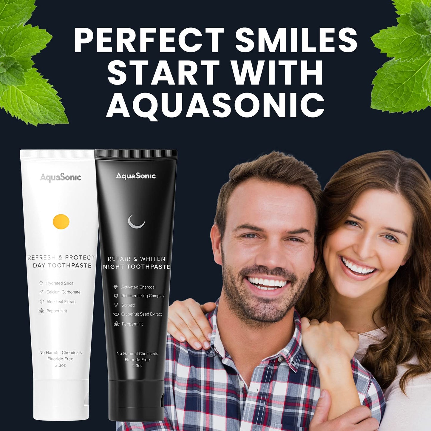 AquaSonic Complete Care Toothpaste – Day & Night System (Refresh & Protect Day, Repair & Whiten Night) Fluoride-Free, Whitening & Detoxifying