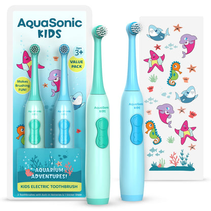 Aquasonic Kids Electric Toothbrush Set – Ages 3+ | Soft Bristles, Oscillating Brush Head, Built-in Battery | Aquarium Adventures