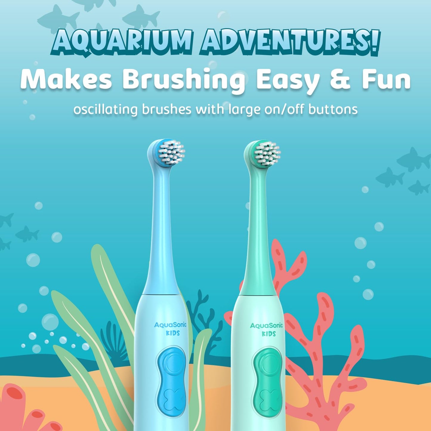 Aquasonic Kids Electric Toothbrush Set – Ages 3+ | Soft Bristles, Oscillating Brush Head, Built-in Battery | Aquarium Adventures