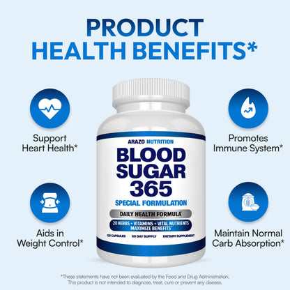Arazo Nutrition Blood Sugar 365 – 120 Herbal Pills, 60 Day Supply (Pack of 2) – Supports Healthy Energy Levels