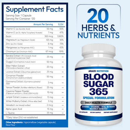Arazo Nutrition Blood Sugar 365 – 120 Herbal Pills, 60 Day Supply (Pack of 2) – Supports Healthy Energy Levels