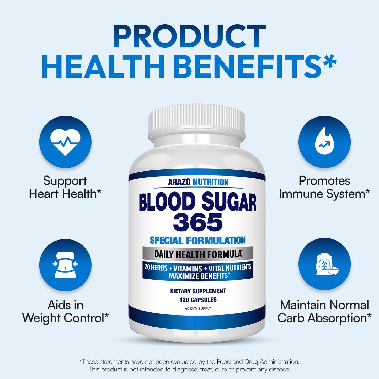 Arazo Nutrition Blood Sugar 365 – 120 Herbal Pills, 60 Day Supply (Pack of 2) – Supports Healthy Energy Levels