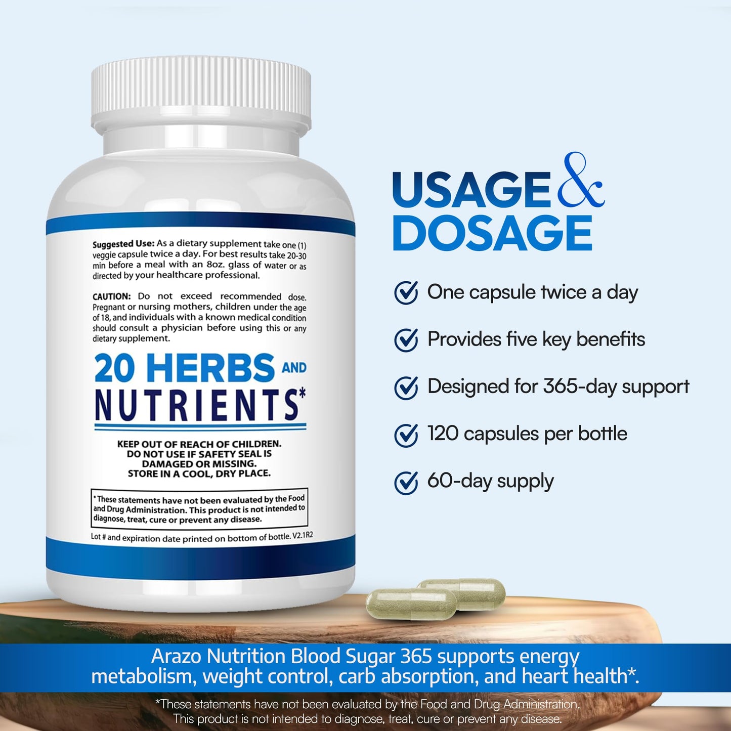 Arazo Nutrition Blood Sugar 365 – 120 Herbal Pills, 60 Day Supply (Pack of 2) – Supports Healthy Energy Levels