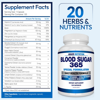Arazo Nutrition Blood Sugar 365 – 120 Herbal Pills, 60 Day Supply (Pack of 2) – Supports Healthy Energy Levels