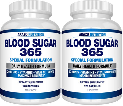 Arazo Nutrition Blood Sugar 365 – 120 Herbal Pills, 60 Day Supply (Pack of 2) – Supports Healthy Energy Levels