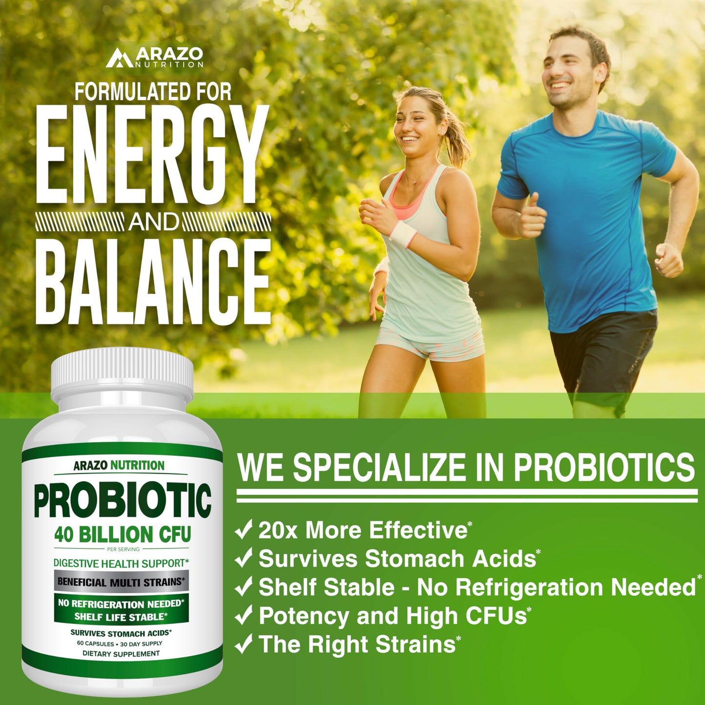 Arazo Nutrition Probiotic 40B CFU - Time-Release & Shelf-Stable (2 Pack)
