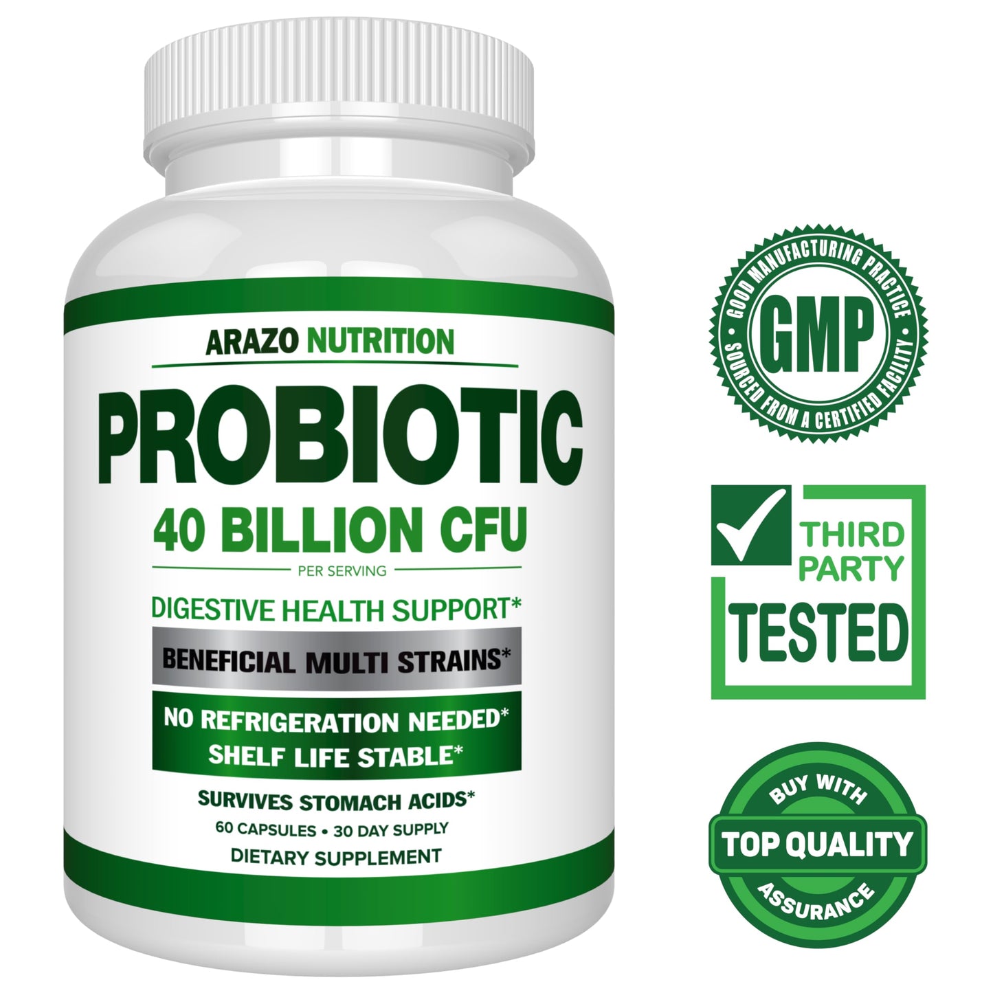 Arazo Nutrition Probiotic 40B CFU - Time-Release & Shelf-Stable (2 Pack)