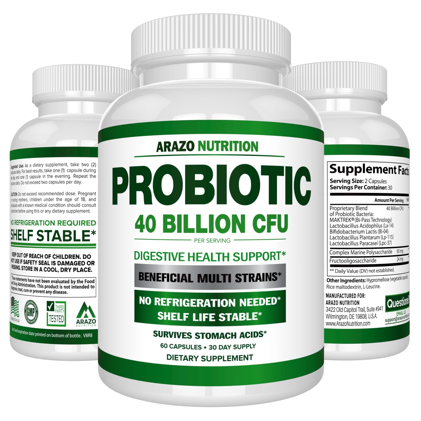 Arazo Nutrition Probiotic 40B CFU - Time-Release & Shelf-Stable (2 Pack)