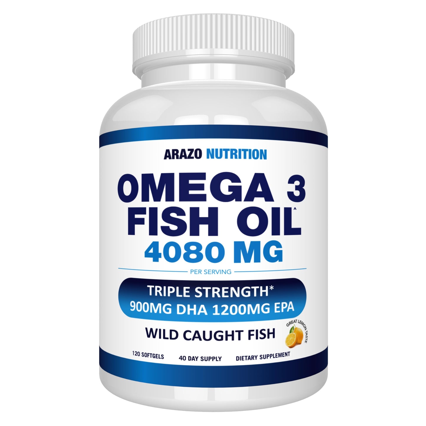 Arazo Nutrition Wild Caught Omega-3 Fish Oil – 120 Soft Gels, High EPA & DHA, Lemon Burpless