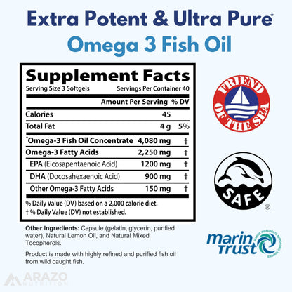 Arazo Nutrition Wild Caught Omega-3 Fish Oil – 120 Soft Gels, High EPA & DHA, Lemon Burpless