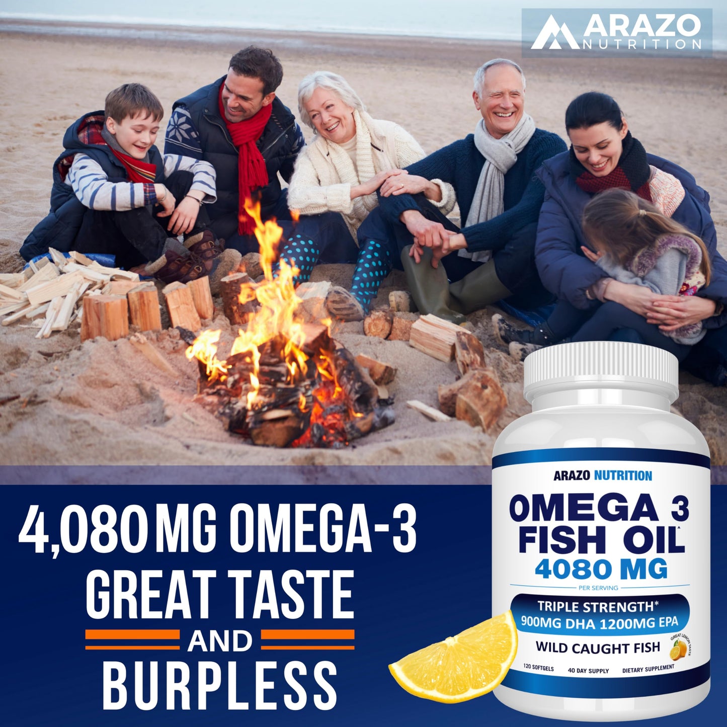Arazo Nutrition Wild Caught Omega-3 Fish Oil – 120 Soft Gels, High EPA & DHA, Lemon Burpless