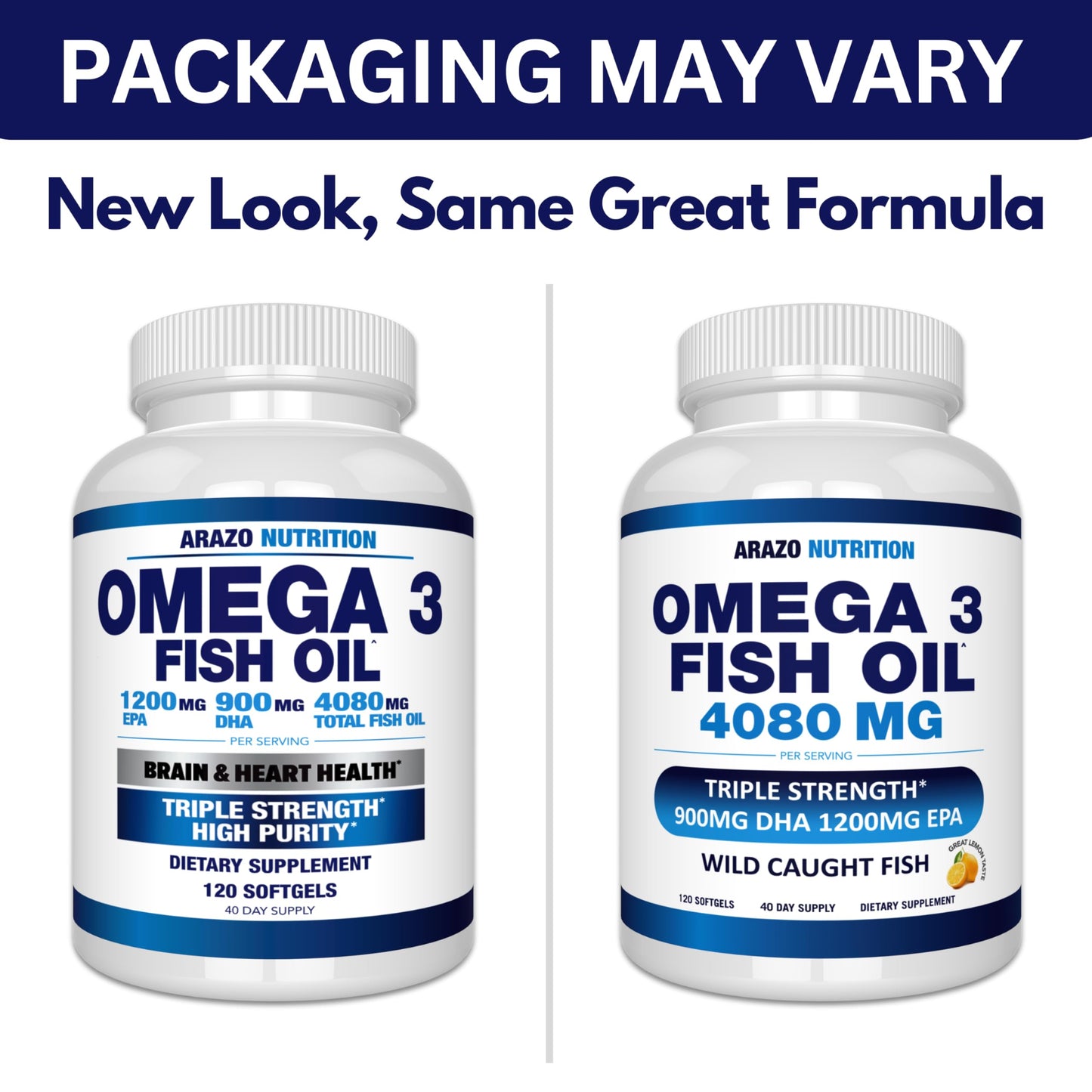 Arazo Nutrition Wild Caught Omega-3 Fish Oil – 120 Soft Gels, High EPA & DHA, Lemon Burpless