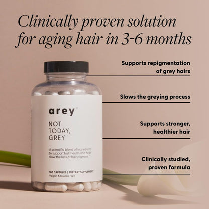 Arey Not Today Grey Daily Hair Supplement for Women & Men | Slows Grey Hair Growth & Repigment in 3–6 Months | Healthier, Thicker Hair | Biotin, B + D Vitamins | Vegan & Gluten Free (3 Month)