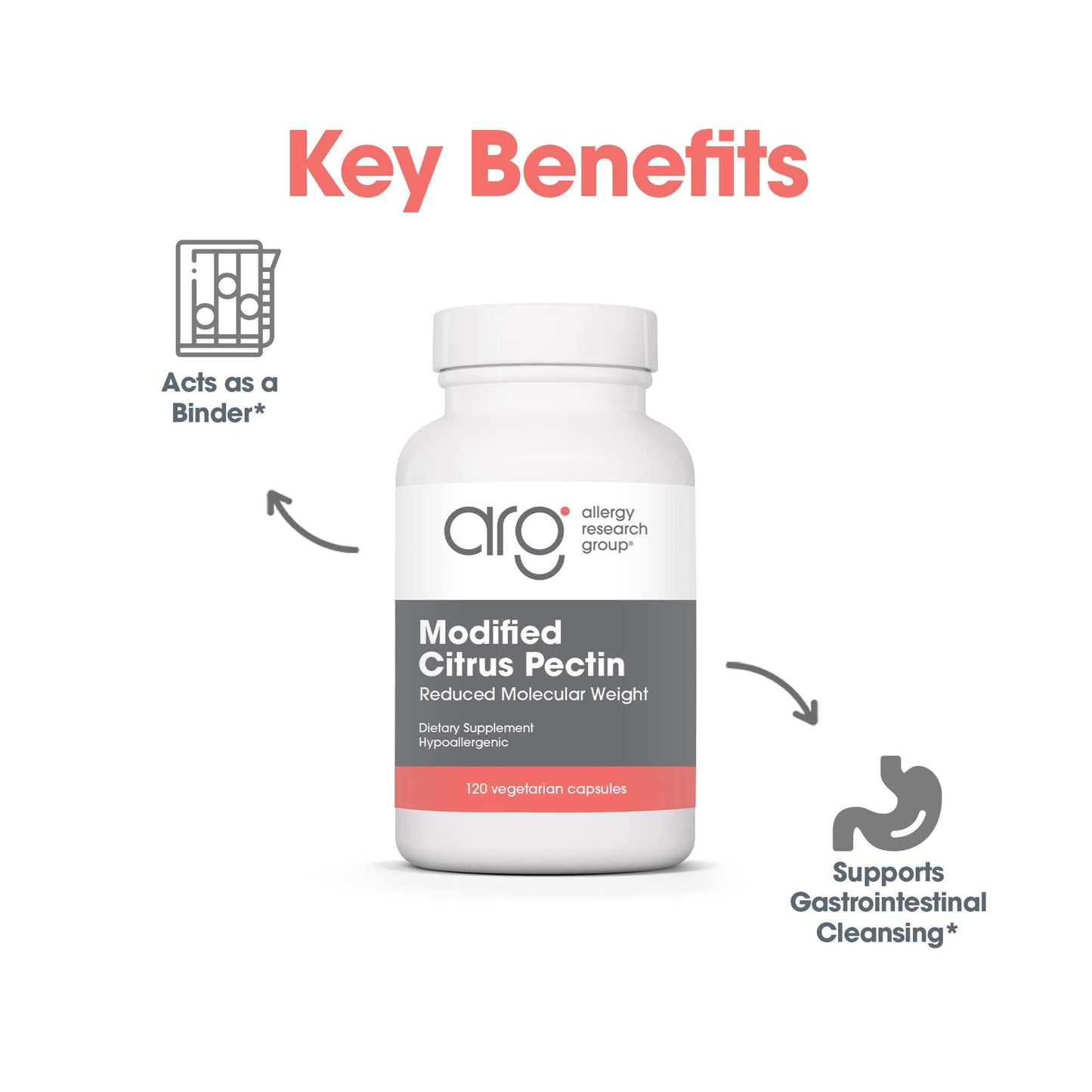 Allergy Research Group Modified Citrus Pectin - 120 Vegetarian Capsules | Natural Detox & Digestive Support