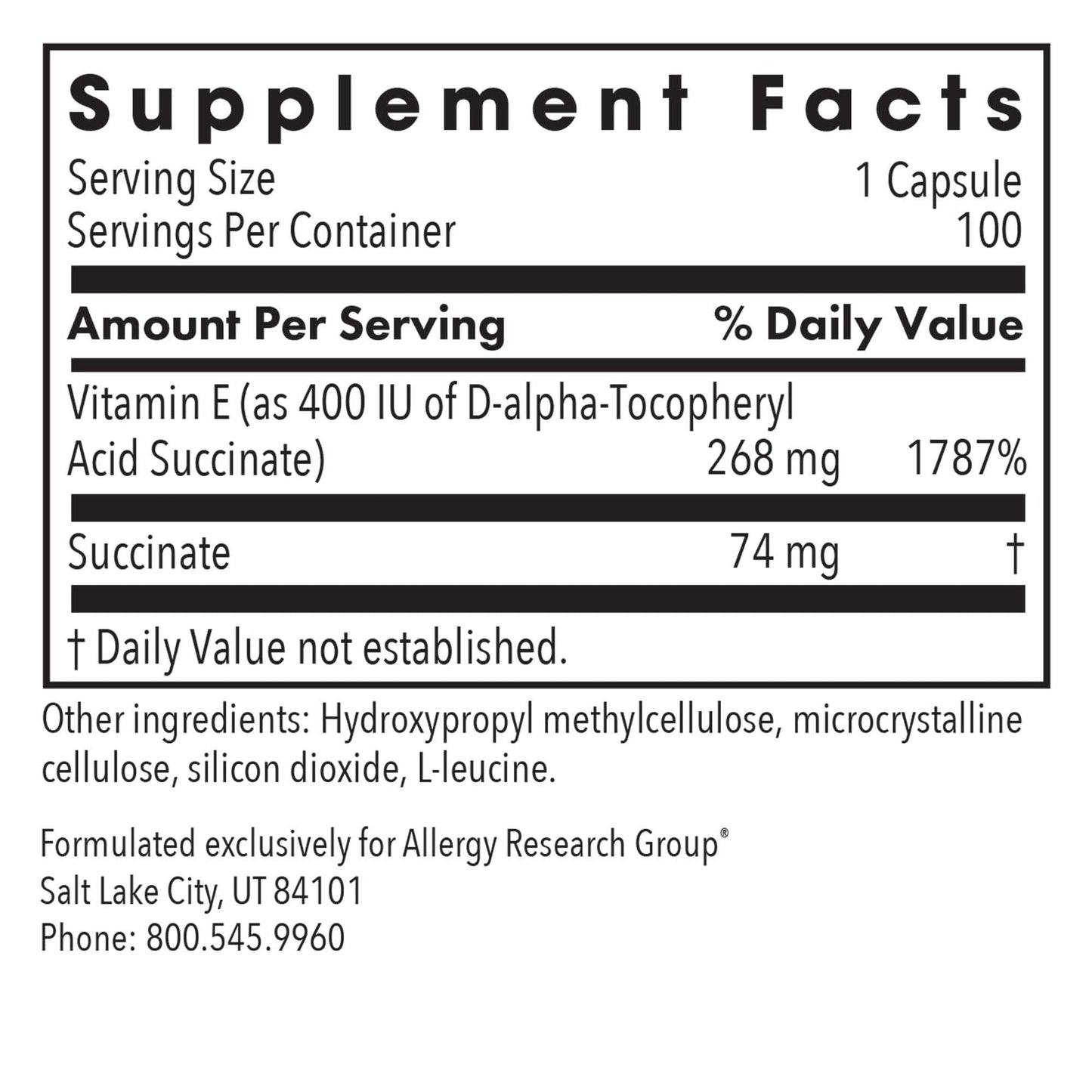 Allergy Research Group Vitamin E Succinate 400 IU - Vegetarian Capsules, 100 Count