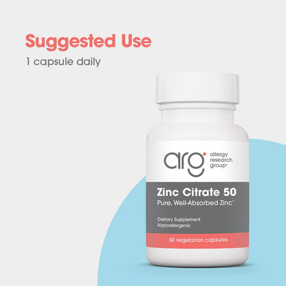 Zinc Citrate Supplement 50mg – Allergy Research Group | 60 Vegetarian Capsules