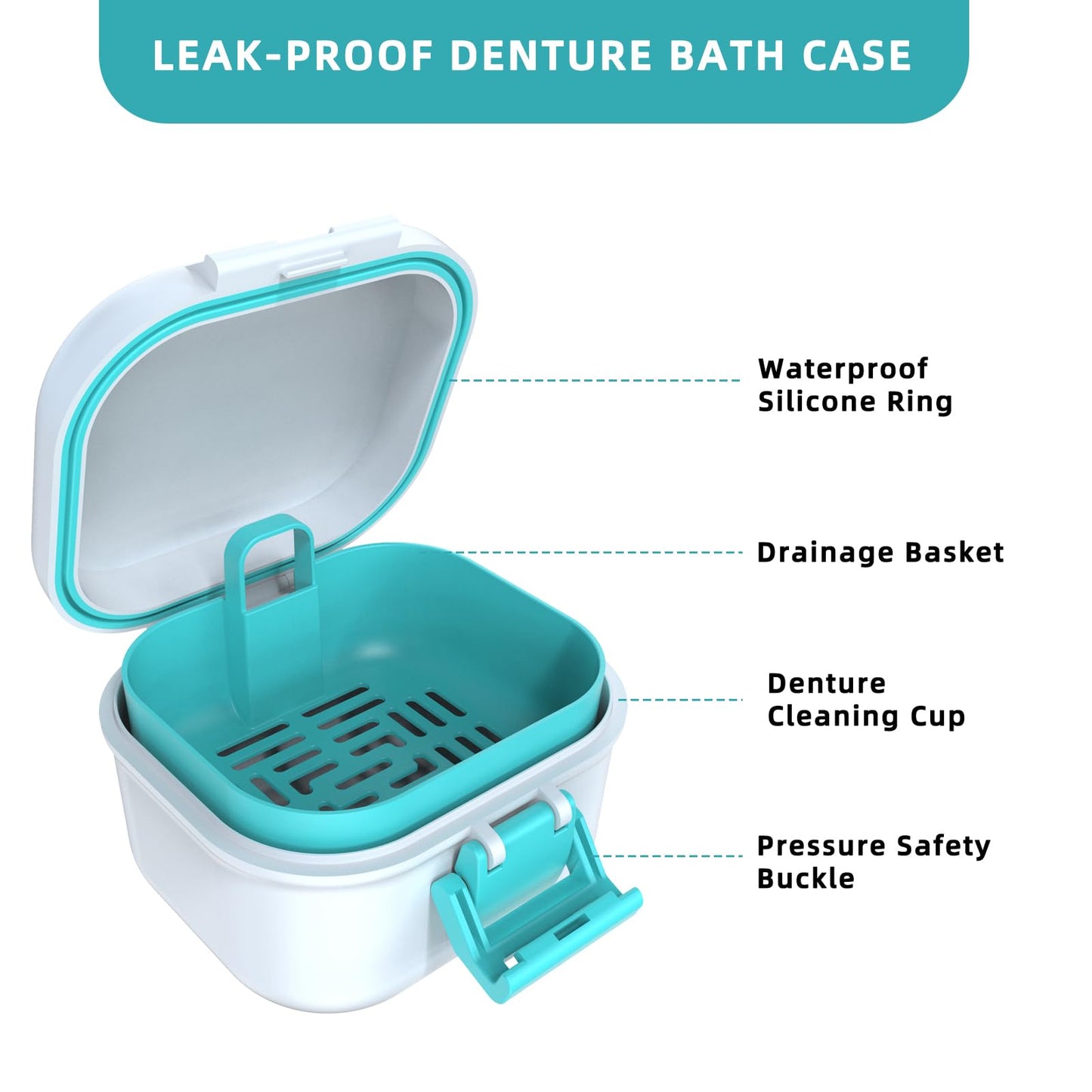 ARGOMAX Leak Proof Denture Bath Cup – Portable Denture Soaking Box with Strainer (White & Cyan)