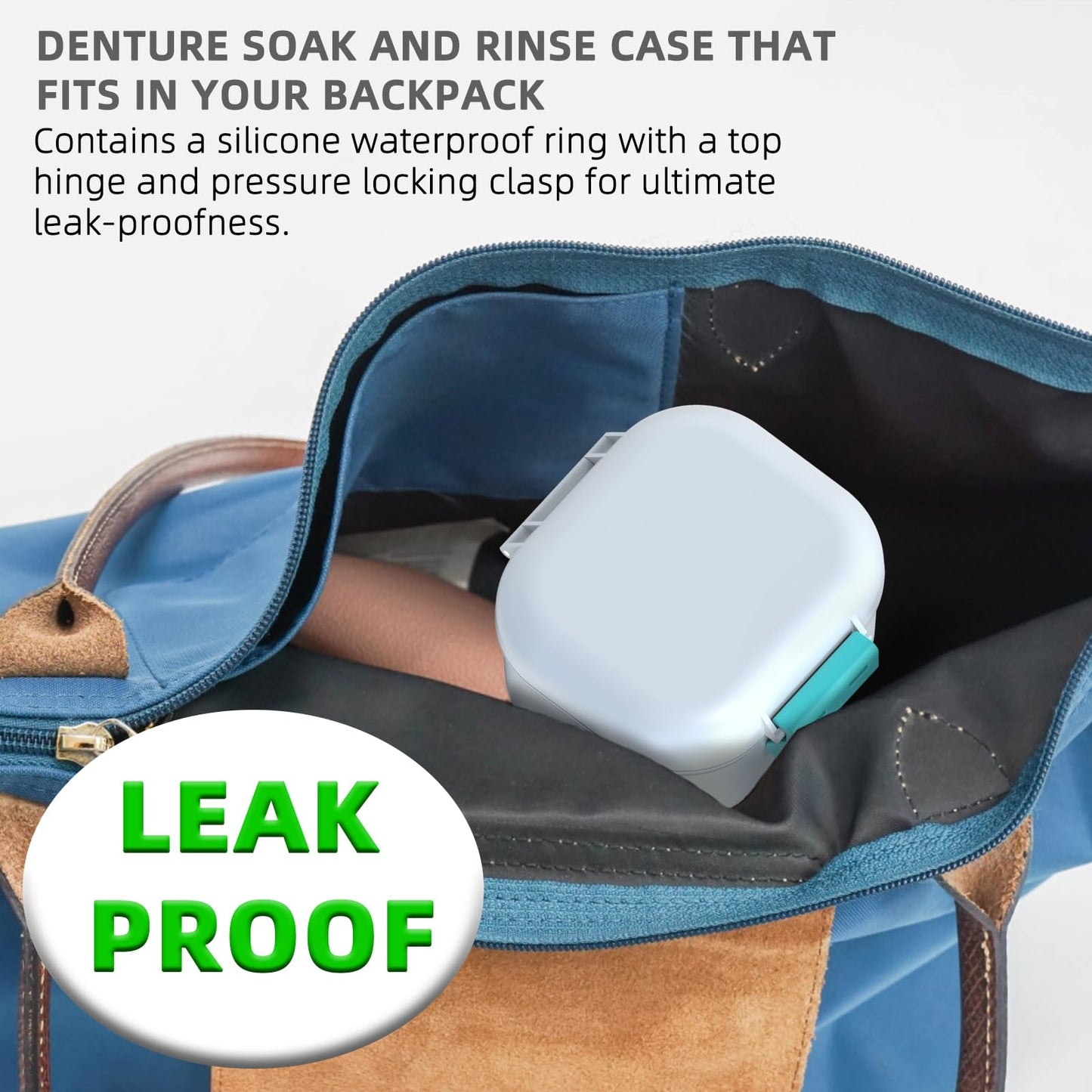 ARGOMAX Leak Proof Denture Bath Cup – Portable Denture Soaking Box with Strainer (White & Cyan)