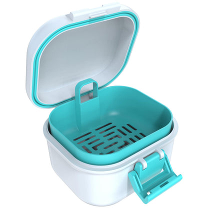 ARGOMAX Leak Proof Denture Bath Cup – Portable Denture Soaking Box with Strainer (White & Cyan)