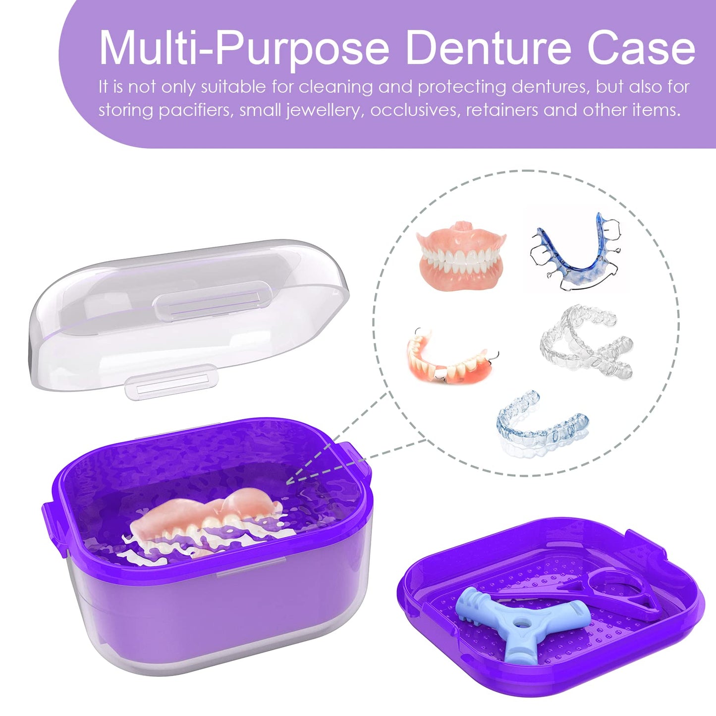 ARGOMAX Denture Case, Denture Cup for Soaking Dentures (Not Leak-Proof) – Thorough Cleaning of Dentures, Retainer, Mouthguards, Clear Braces, Dark Purple