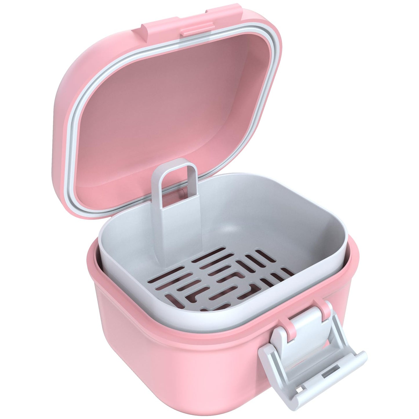 ARGOMAX Leak-Proof Denture Bath Cup – Portable Denture Box with Strainer (Pink & White)
