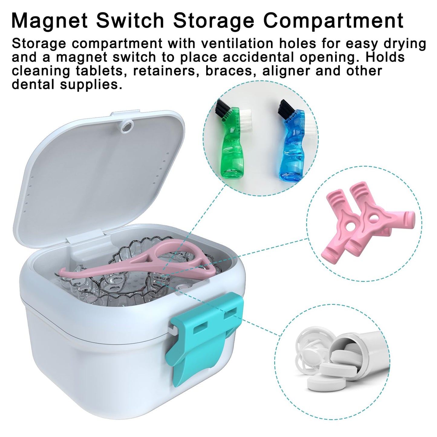 ARGOMAX Leak Proof Denture Bath Cup – White + Cyan, Portable Case