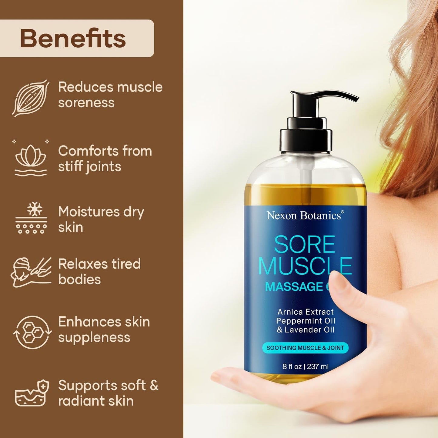 Sore Muscle Massage Oil – 8 oz with Arnica, Peppermint & Lavender | Nexon Botanics