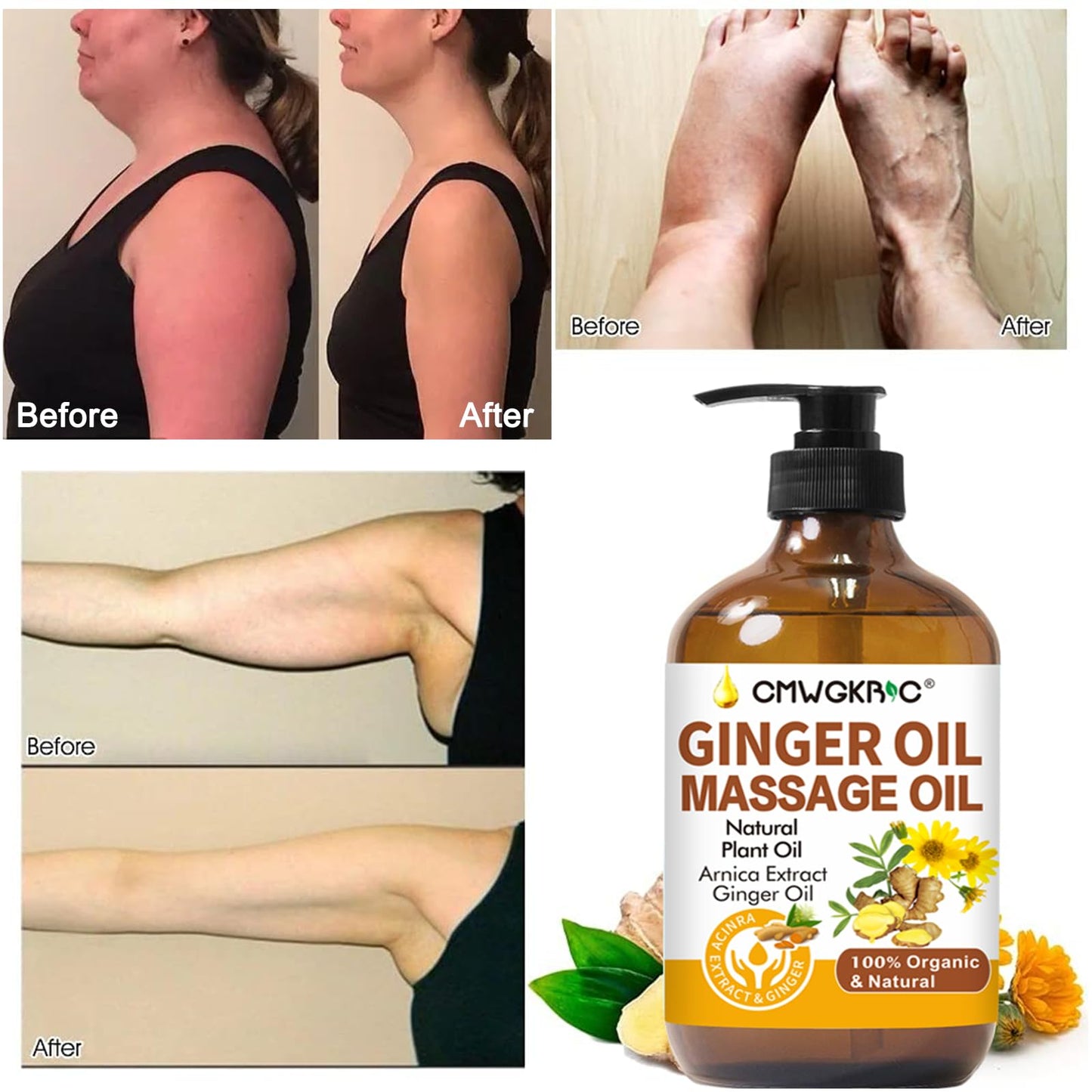 2 Pack Ginger Oil for Massage Therapy - Lymphatic Drainage & Sore Muscle Relief