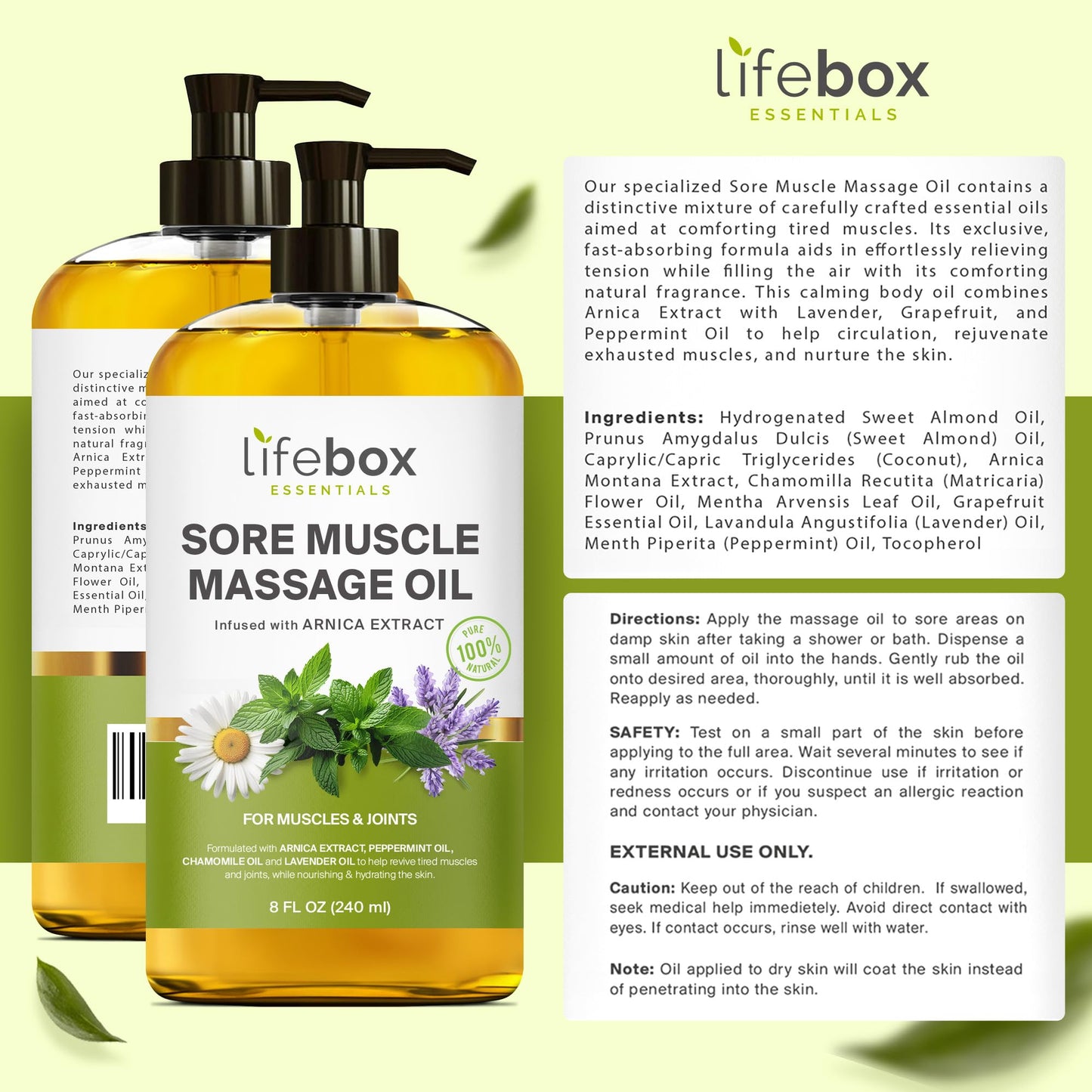 Arnica Sore Muscle Massage Oil – 100% Pure & Natural, 8 oz