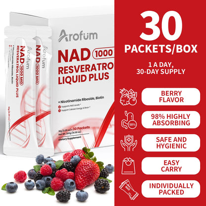 Arofum NAD+ Supplement 1000mg Liquid – 30 Packets | NR 850mg, Resveratrol & CoQ10