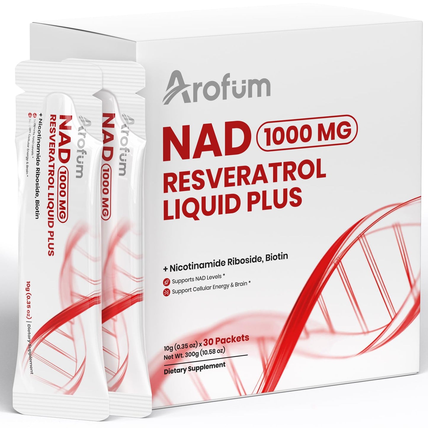 Arofum NAD+ Supplement 1000mg Liquid – 30 Packets | NR 850mg, Resveratrol & CoQ10