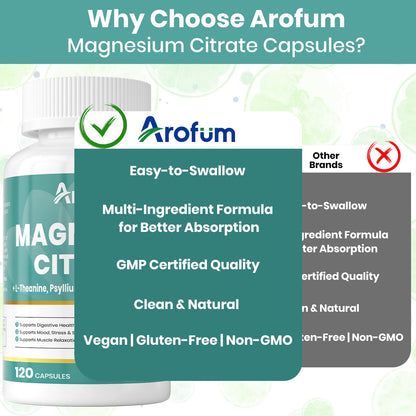 Arofum Magnesium Citrate Capsules – Digestive Support, Sleep Aid | Vegan, Non-GMO, 120 Capsules