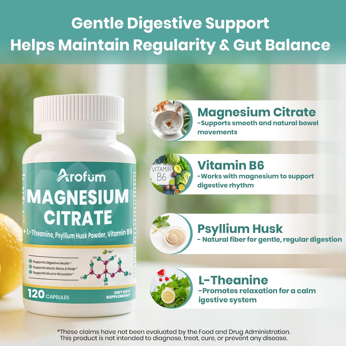 Arofum Magnesium Citrate Capsules – Digestive Support, Sleep Aid | Vegan, Non-GMO, 120 Capsules