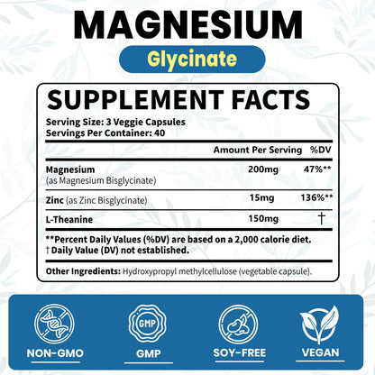 AROFUM Magnesium Glycine 200 mg, with L-theanine and Zinc Glycine – Magnesium Supplement to Help Soothe Emotions, Balance Stress, and Promote restful Sleep – Non-GMO Vegan Capsules, 120 Capsules