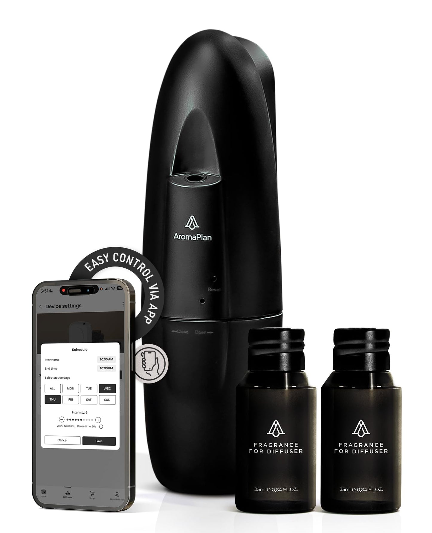 AromaPlan 5-Star Collection 2025 Plug-In Diffuser Cold Air & Waterless – 2 Fragrances Included, Silent 500 sq ft, Bluetooth App Control (Black)