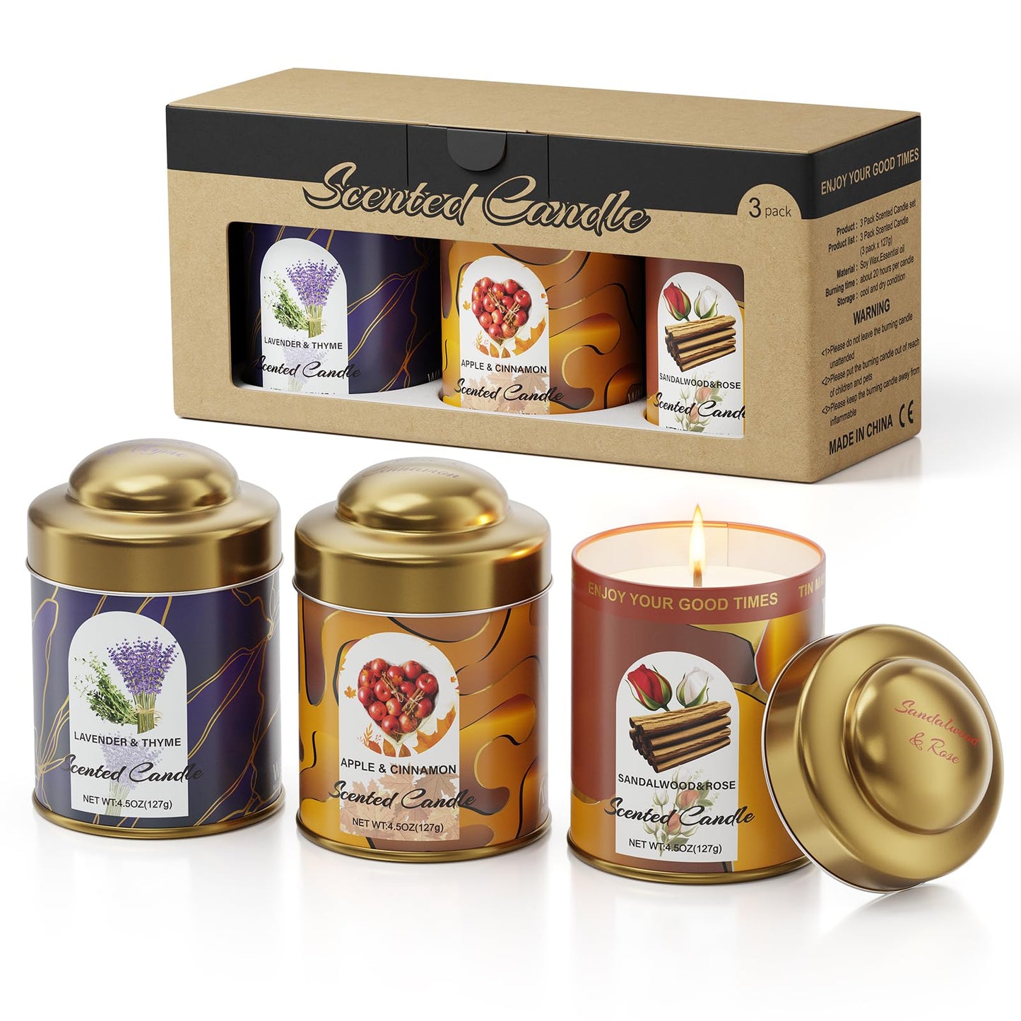3-Pack Aromatherapy Candle Set - Scented Candles | 4.5oz × 3 | 75+ Hour Total Burn | Natural Soy Candles for Home, Gifts & Christmas (Lavender+Rose+Cinnamon)