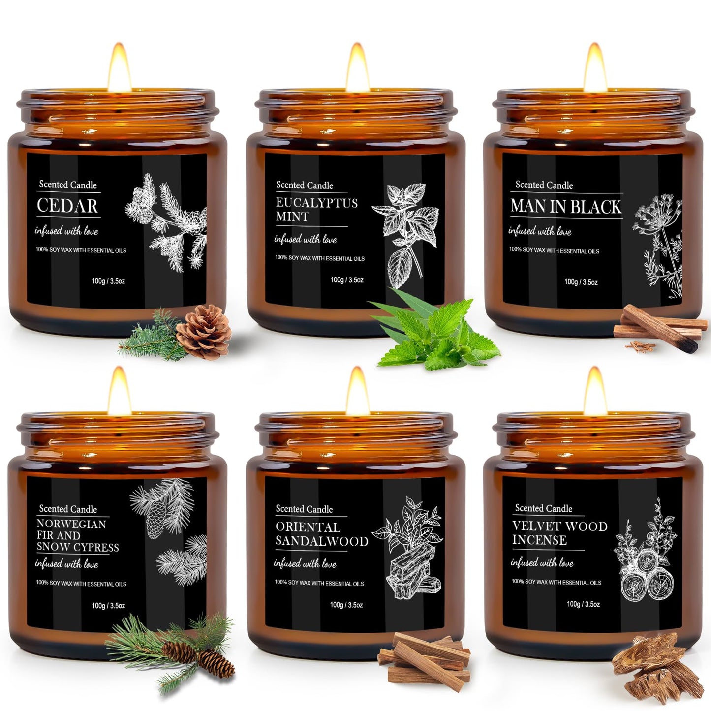 Scented Candles for Men - 6 Pack Aromatherapy Candles | Sandalwood Cedar | 150 Hour Burn Time