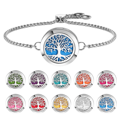 Aromatherapy Essential Oil Diffuser Bracelet | Tree of Life Locket, Adjustable Silver Chain