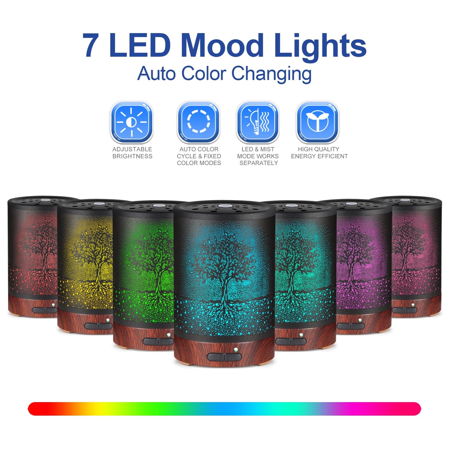 Essential Oil Diffuser - Aromatherapy Diffuser with 7 Color Lights, Auto-Off | Metal Cool Mist Humidifier for Home & Office