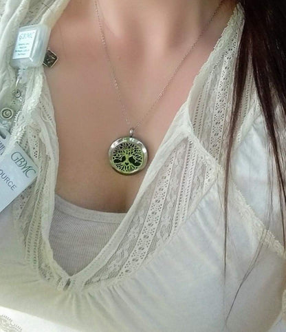 Aromatherapy Essential Oil Diffuser Necklace - Stainless Steel Locket Pendant, Tree of Life