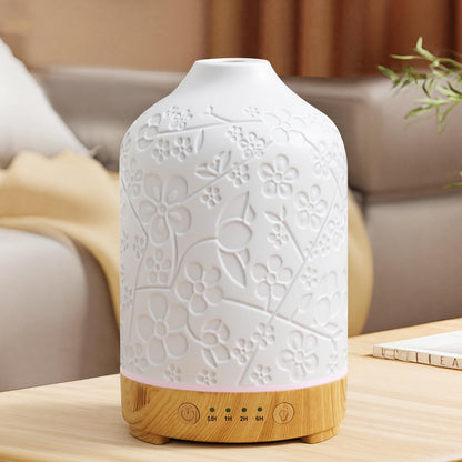 Aromatherapy Essential Oil Diffuser 150ml Ceramic | 7 LED Colors | Cherry Blossom